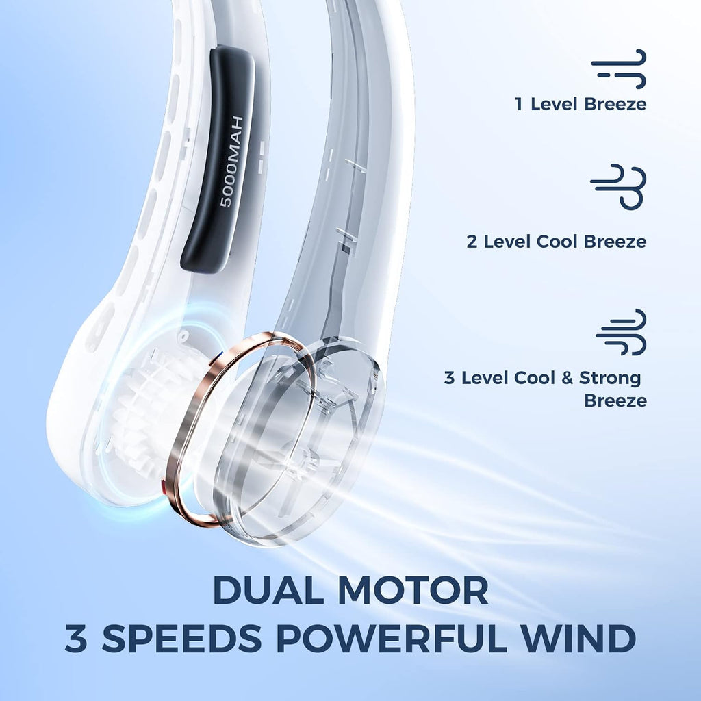 MFEESYOB Neck Fan, Neck Fans Portable Rechargeable, 5000mAh Battery Operated Bladeless Design with 3 Adjustable Speeds, Ultra-Quiet, 360° Faster Cooling, Suitable for Outdoor Sports, Travel, White