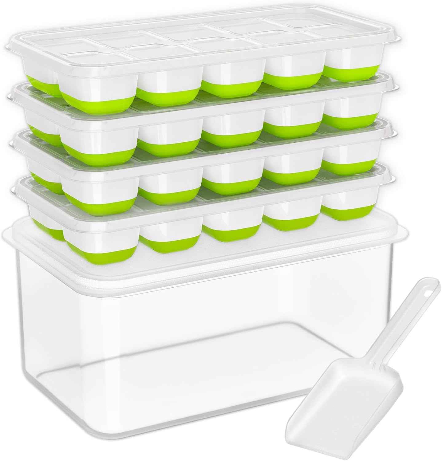DOQAUS Ice Cube Tray with Lid and Bin, 4 Pack Silicone Plastic Ice Cubes Trays for Freezer with Box/Container, Stackable with Storage Iced Bucket Kits, Scoop, for RV, Soup, Food, Cocktail, Coffee