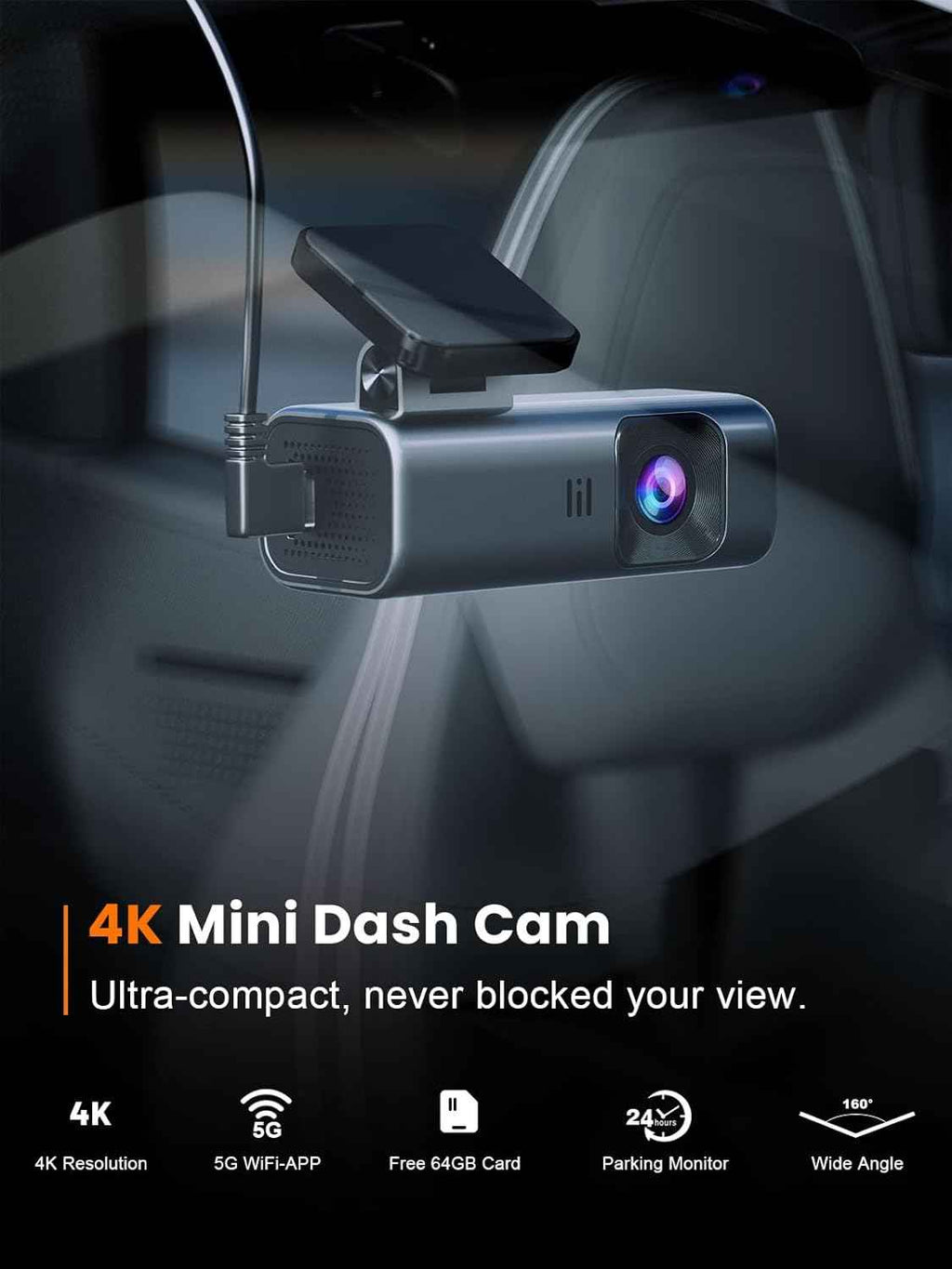 Galphi-Q2 4K Mini Dash Cam with 5G WiFi, 64GB Card, Super Night Vision, Loop Recording, and G-Sensor for Cars