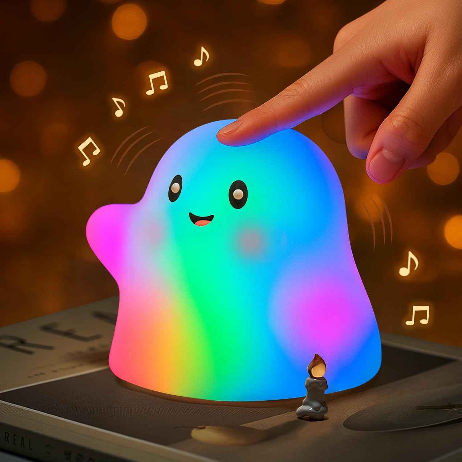 Nextang RGB Ghost Night Light - Soft Squishy Silicone Lamp with Tap Control and Sounds, Dimmable Rechargeable Bedside Lamp for Kids