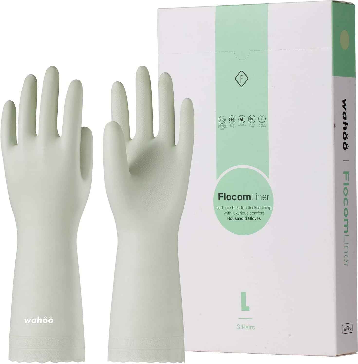 LANON 3 Pairs wahoo Skin-Friendly Cleaning Gloves, Dishwashing Kitchen Gloves with Cotton Flocked Liner, Reusable, Non-Slip, Mauve Mist, Large