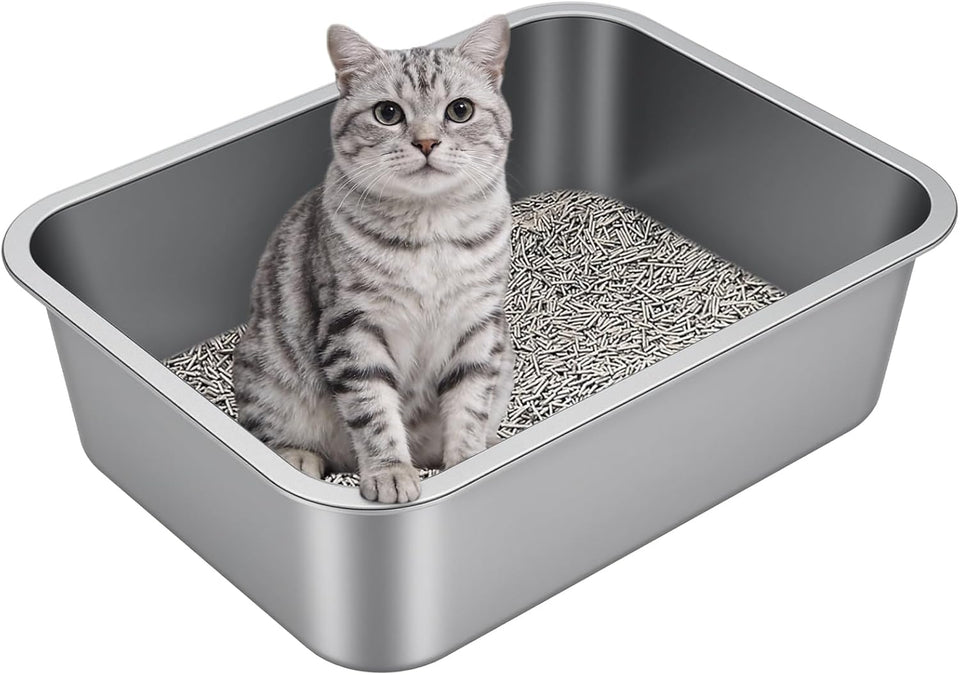 stainless steel metal cat litter box with high sides odor-free non-stick for indoor cats and kittens