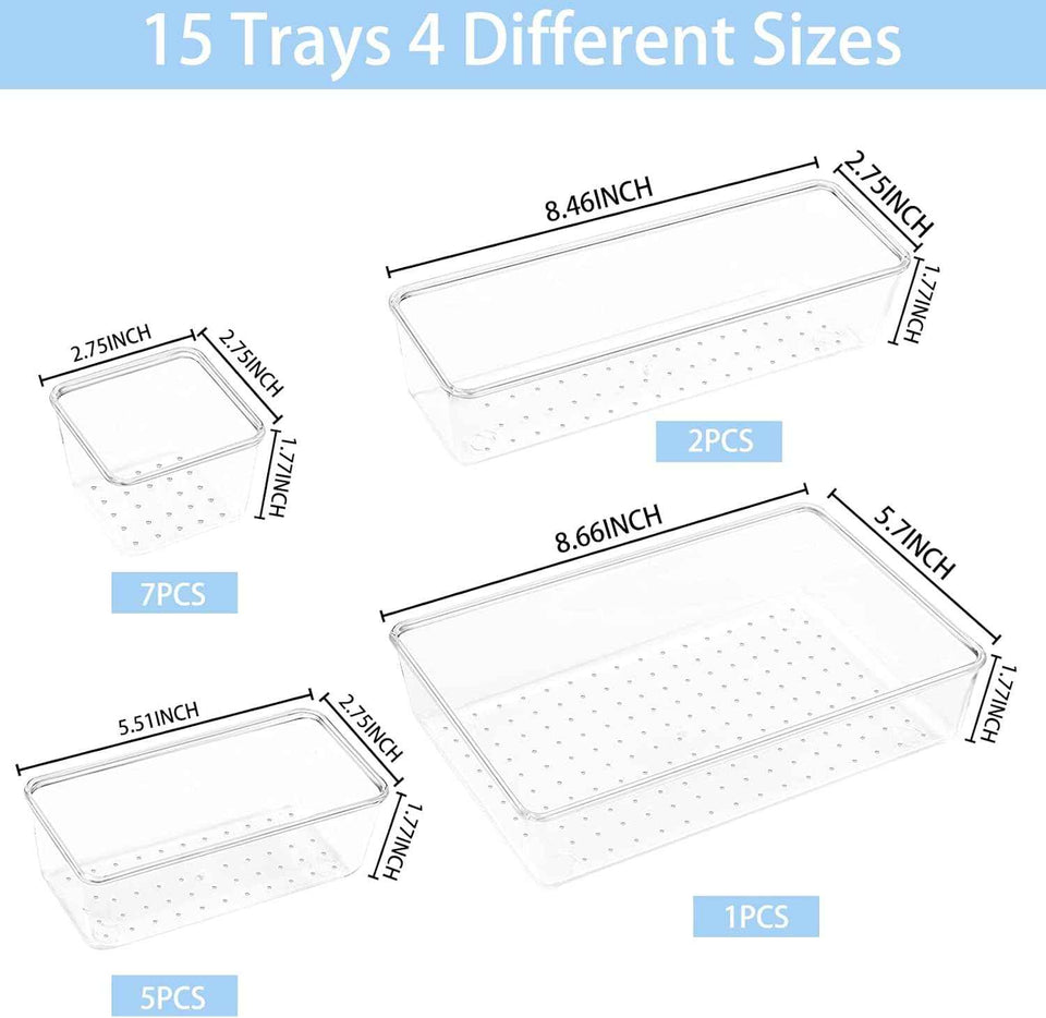 Drawer Organizers Set of 15, 4 Sizes Clear Plastic Drawer Organizers and Storage Bins for Kitchen, Bathroom, Office, Dresser Desk Drawer Organizer Tray for Jewelry, Makeup, Junk, Gadgets
