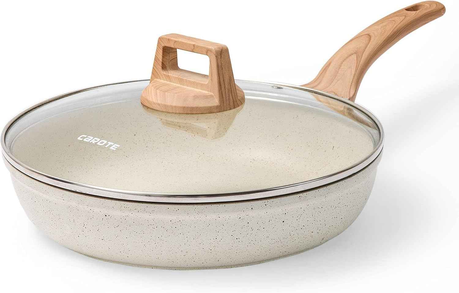 CAROTE Non Stick Frying Pan Skillet, Nonstick Granite Fry Pan with Glass Lid, Egg Pan Omelet Pans, Stone Cookware Chef's Pan, PFOA Free (Classic Granite, 10-Inch)