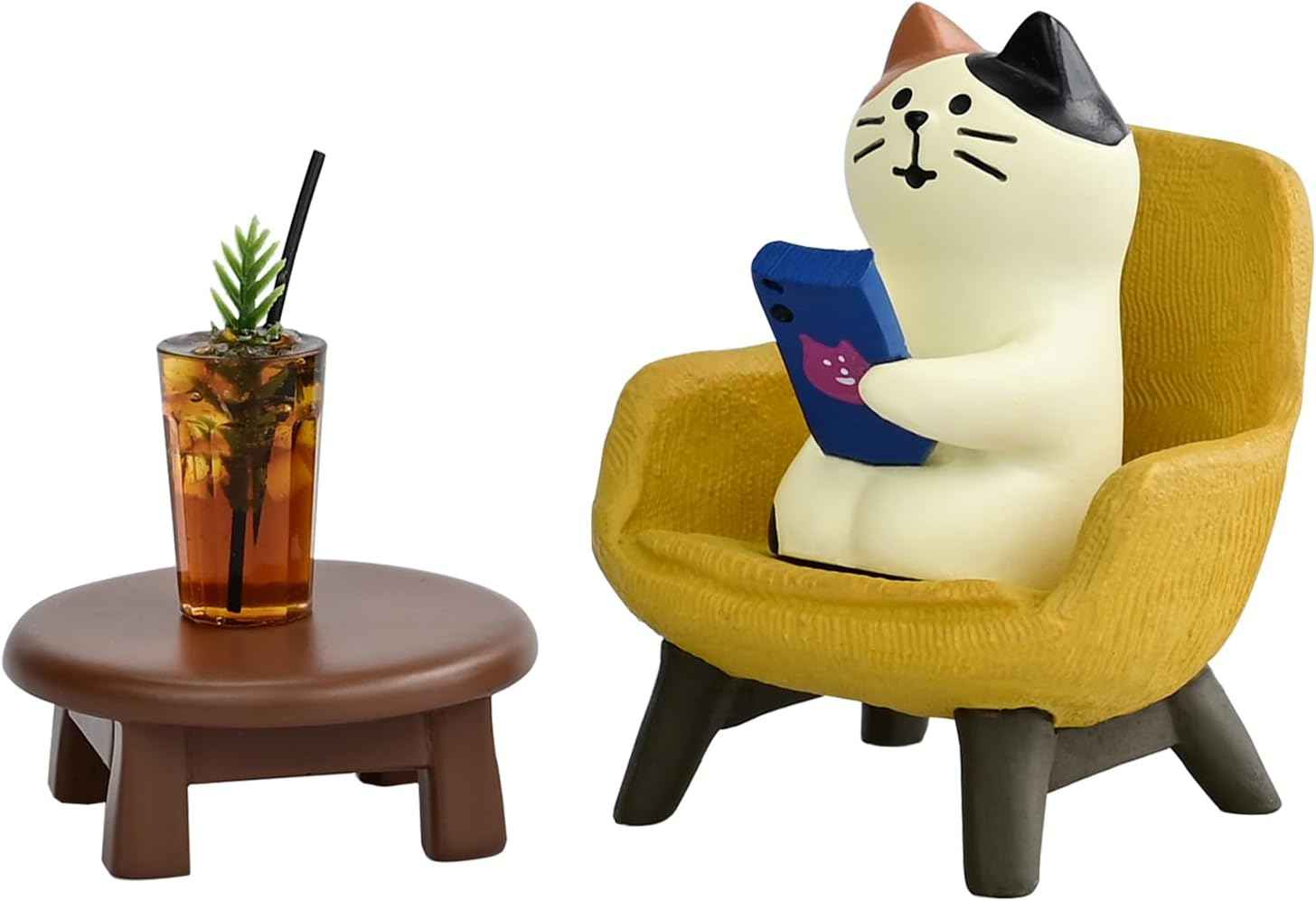 Cute cat figurine playing phone on sofa with coffee, cat lovers gift for home decor