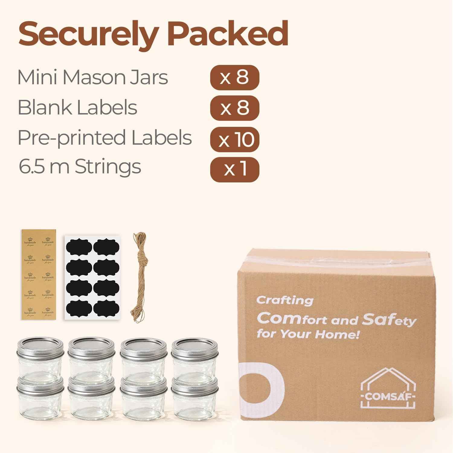 ComSaf Mini Mason Jars 4oz - 8 Pack, Regular Mouth Mason Jar with Lids and Seal Bands, Small Glass Canning Jar for Spice, Jam, Honey, Jelly, Dessert, Shower Wedding Favors, DIY Candles Decor