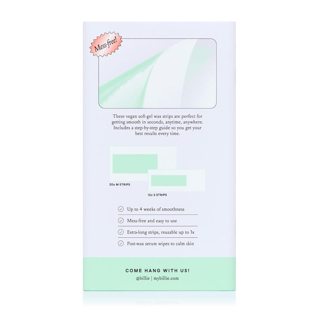 Billie Face & Bikini Wax Kit, 32 Strips, 6 Serum Wipes, Vegan, Avocado Oil Formula