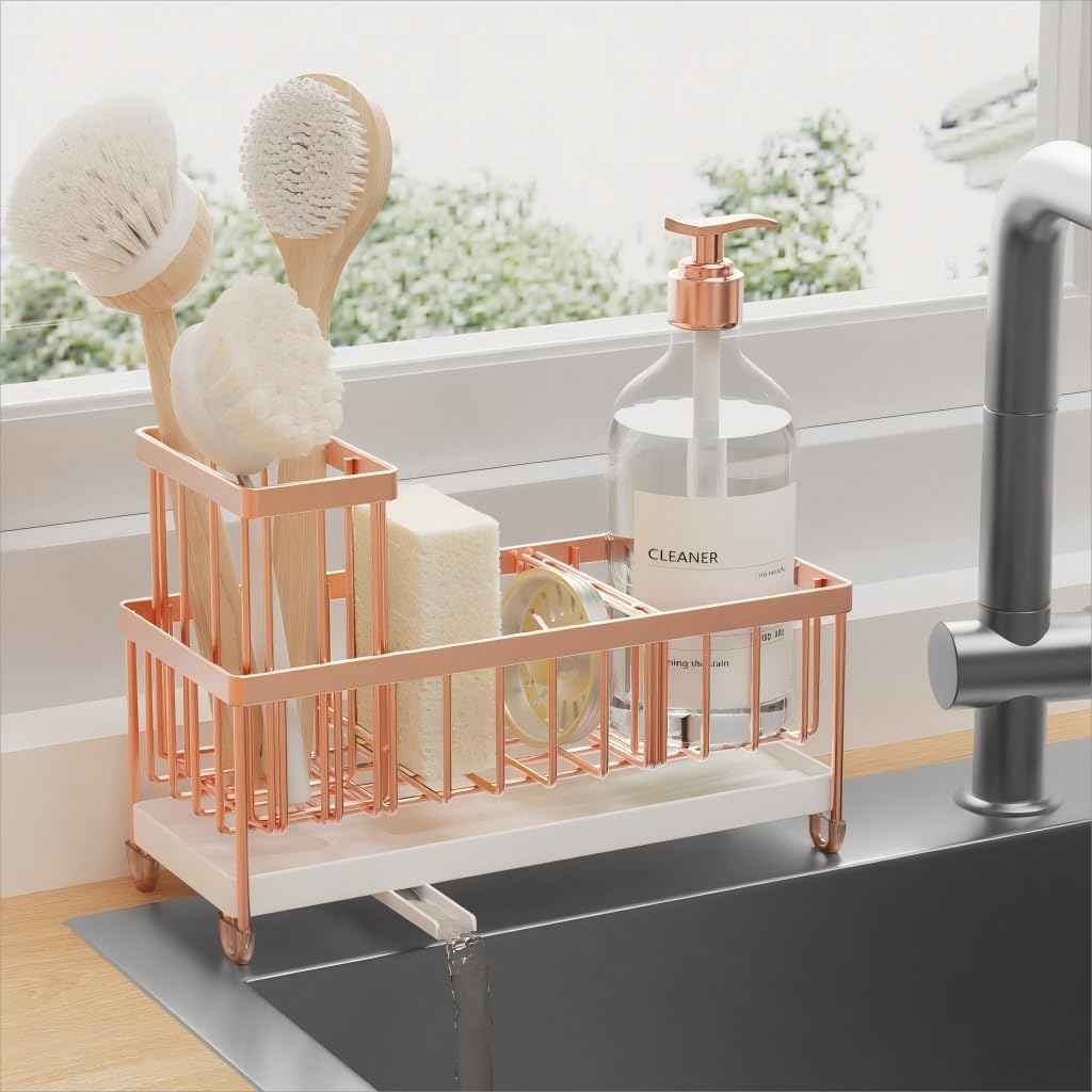 Cisily Silver Sponge Holder for Kitchen Sink, Sink Caddy Organizer with High Brush Holder, Kitchen Countertop Organizers and Storage Essentials, Rustproof 304 Stainless Steel, Soap Dispenser Organize