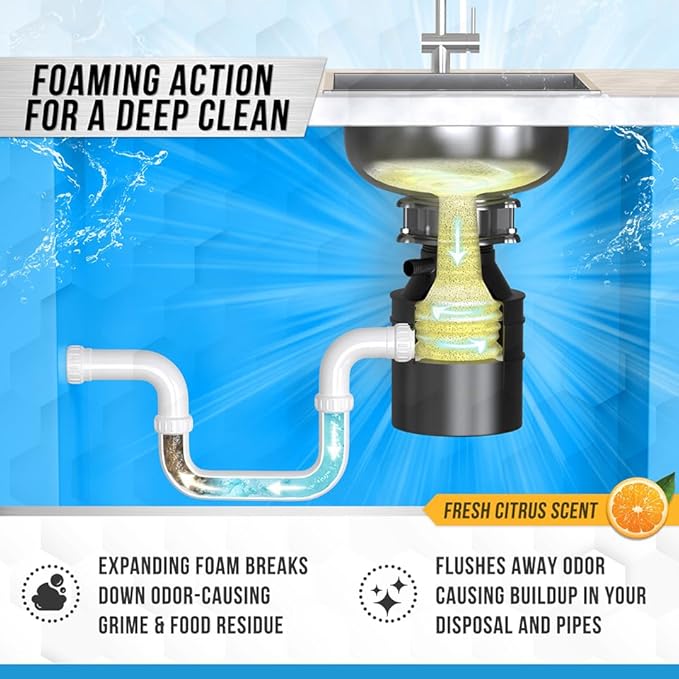 Garbage Disposal Cleaner Deodorizer Tablets - 24 Pack, New Powerful XL Foaming Tablet - Fresh Citrus Foam Sink Garburator Disposer Freshener, Natural Kitchen Drain Cleaning Care - 1 Year Supply - ShopUS