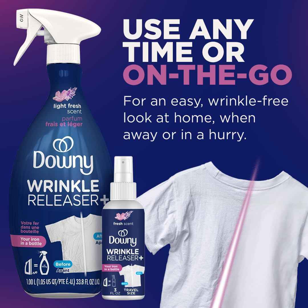 Downy Wrinkle Releaser Spray, Travel Size + 16.9 Oz Pack of 2, All-In-One Formula Removes Wrinkles, Static and Odors, Light Fresh Scent