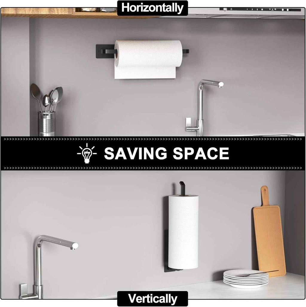 Upgraded Aluminum Paper Towel Holder - Self-Adhesive or Drilling, Matte Black, Kitchen Roll Dispenser