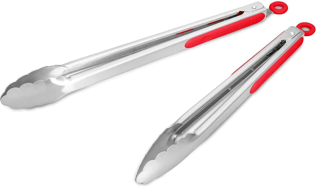 304 Stainless Steel Kitchen Cooking Tongs, 9" and 12" Set of 2 Sturdy Grilling Barbeque Brushed Locking Food Tongs with Ergonomic Grip, Black