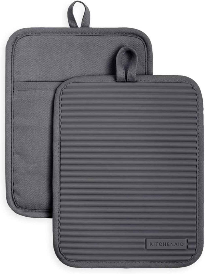 KITCHENAID Ribbed Soft Silicone Pot Holder 2-Pack Set, Matte Black, 7"x9"
