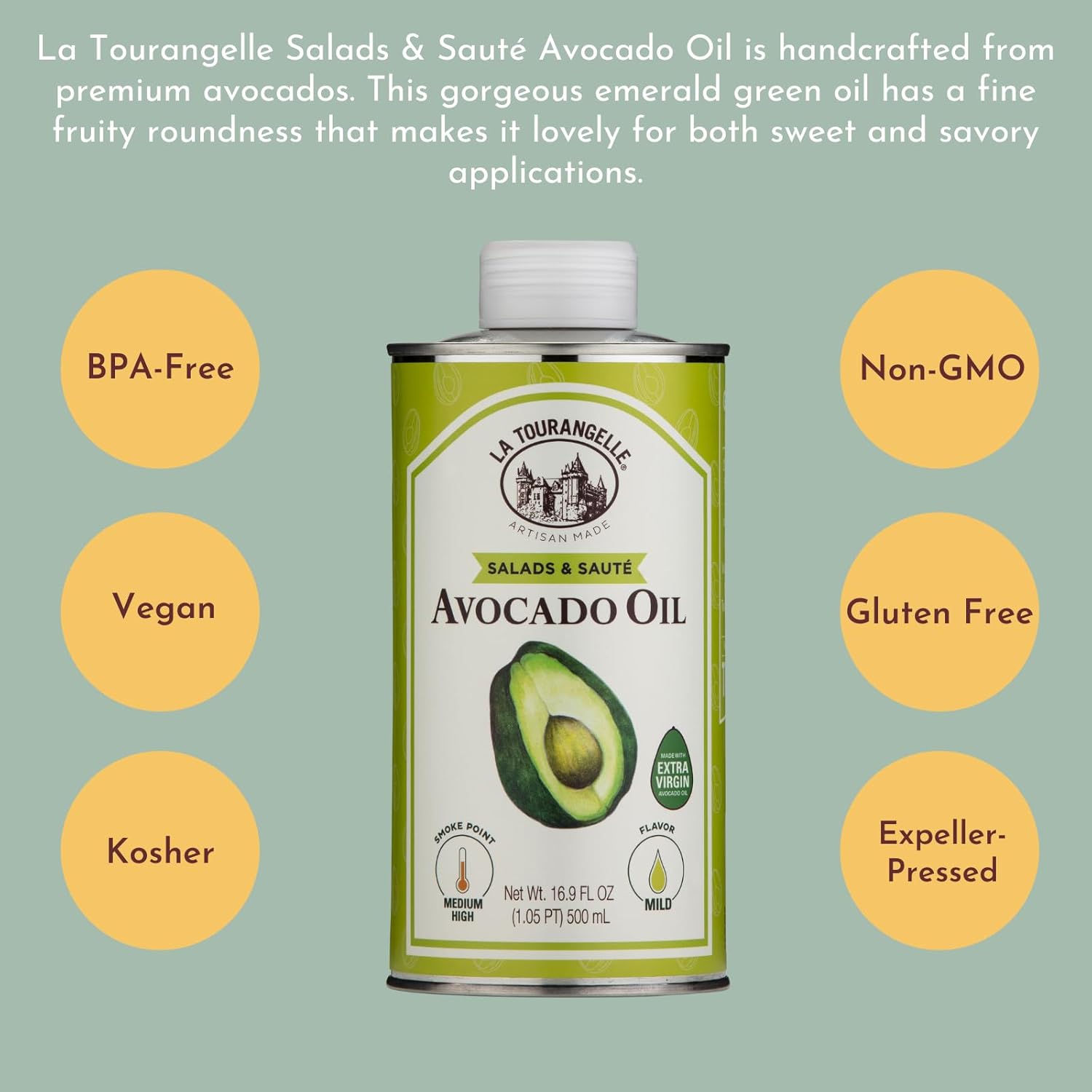 La Tourangelle 16.9 Fl Oz all-natural avocado oil for salads, fruit, fish, or vegetables with buttery flavor