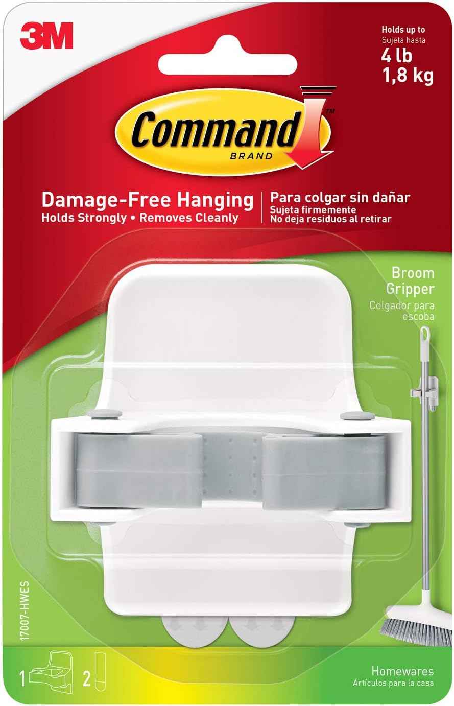 Command Broom and Mop Grippers, 2 Hangers and 4 Strips, Damage-Free Hanging Wall Mount and Mop Holder, Household Cleaning Organizer for Christmas Decorations, Holds up to 4 lb,Plastic