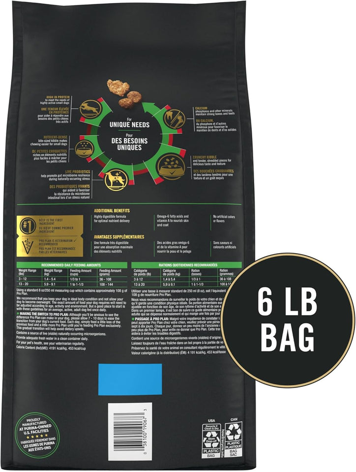 Purina Pro Plan Small Breed dry dog food for highly active dogs, shredded beef and rice formula with live probiotics, 6 lb bag