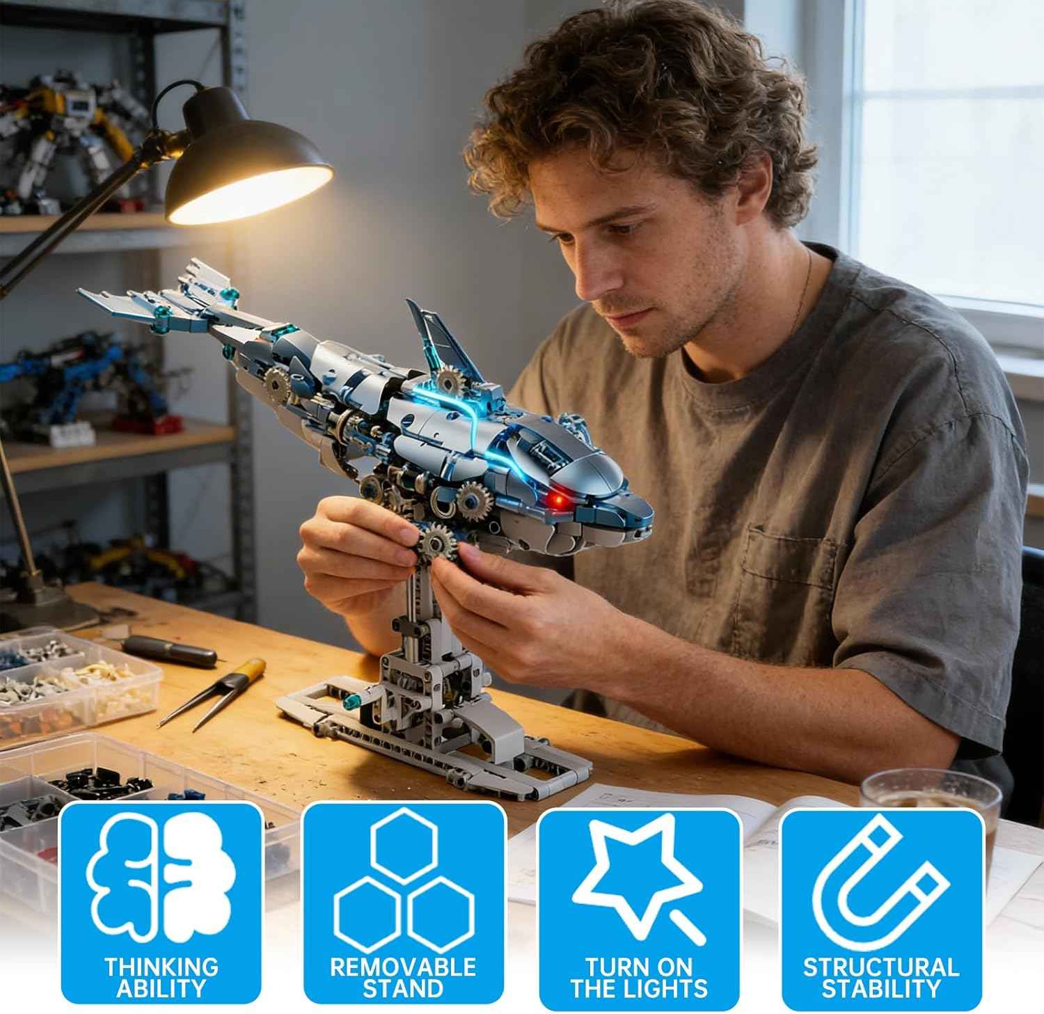 Myth Qholve Mechanical Blue Dolphin Building Blocks Set Hand-Operated Motion, Detailed Gear Design, Display & Play Model Futuristic Ocean Animal Model