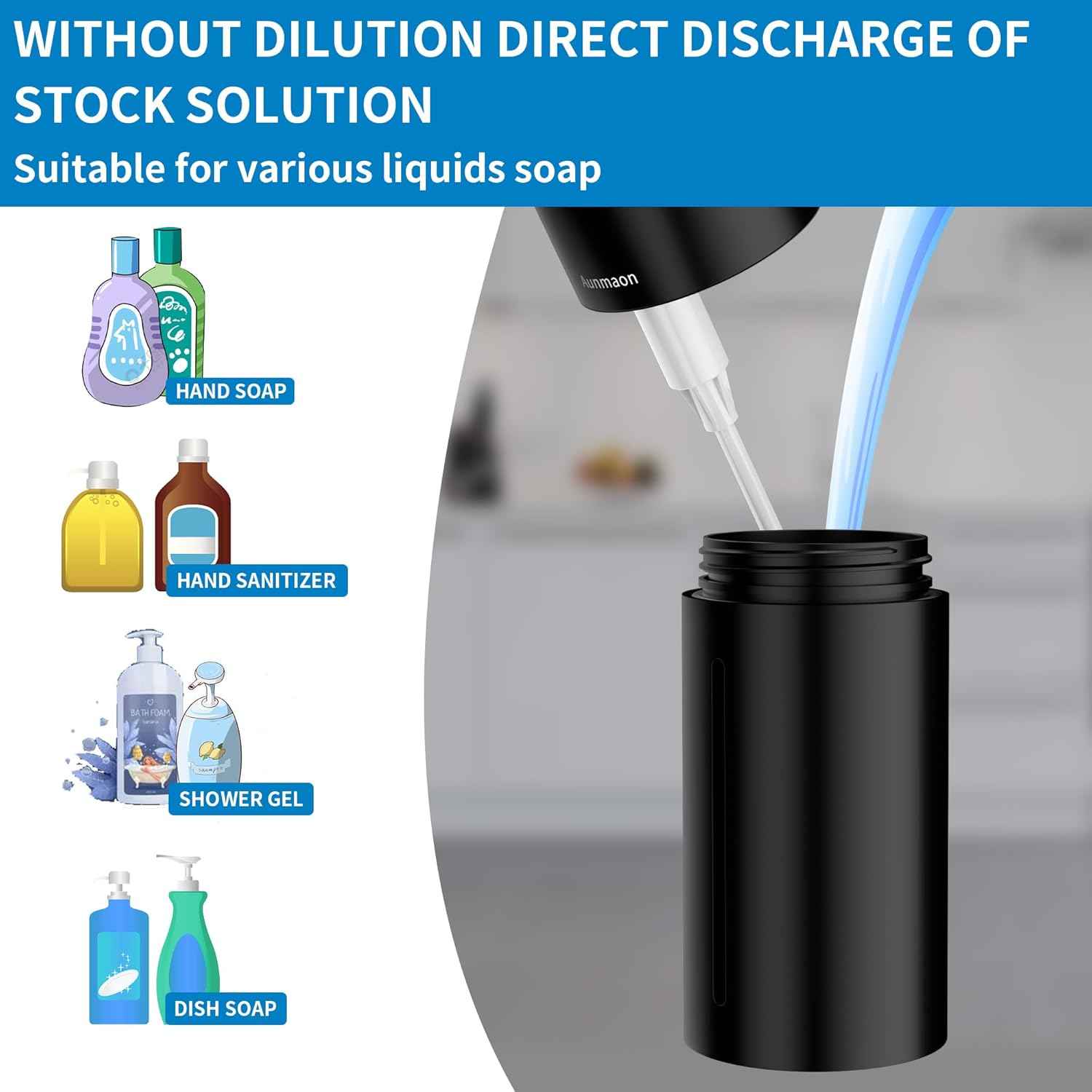 Aunmaon automatic touchless soap dispenser, adjustable volume, long battery life, black, kitchen and bathroom