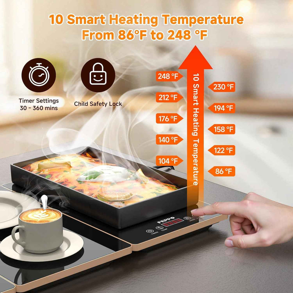 FEPPO Electric Warming Tray, 4-in-1 Food Warmers for Parties Buffet with 10 Temp Settings and Timer, 33"x15" Glass Surface Warming Mat for Food, Modular Buffet Hot Plates for Catering and Gatherings