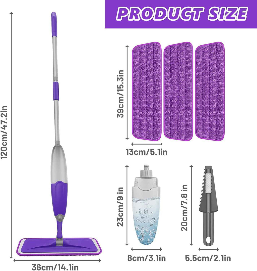 HOMTOYOU Lightweight Microfiber Spray Mop for Hardwood, Tile, and Vinyl Floors - Includes 3 Washable Pads