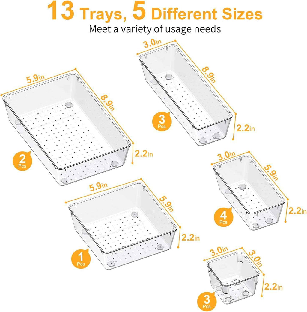 smartake 13-piece clear drawer organizers with non-slip silicone pads, 5-size desk bathroom organizer trays for makeup, jewelries, utensils storage in bedroom dresser, office and kitchen