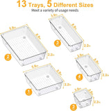 SMARTAKE 13-Piece Drawer Organizers with Non-Slip Silicone Pads, 5-Size Desk Bathroom Drawer Organizer Trays Storage Tray for Makeup, Jewelries, Utensils in Bedroom Dresser, Office and Kitchen, Clear