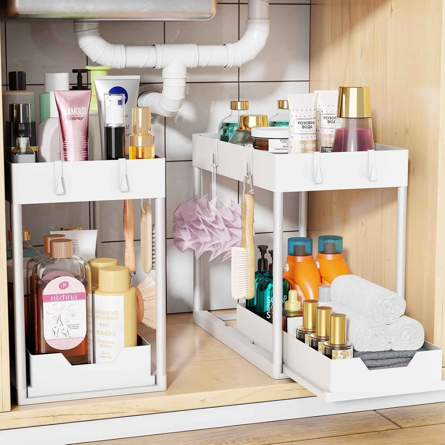 Simple Trending Under Sink Organizer 2 Pack, Sink Pull-Out Sliding Storage Cabinet, 2-Tier Under Shelf Organizer for Kitchen Bathroom, Black