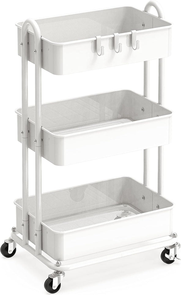 Simple Houseware 3-Tier Heavy Duty Metal Utility Rolling Cart, White