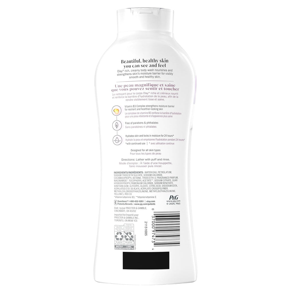 olay body wash for women, 24hr moisturizing, hydrating & refreshing, b3 vitamin complex, paraben-free, 22 fl oz, pack of 2