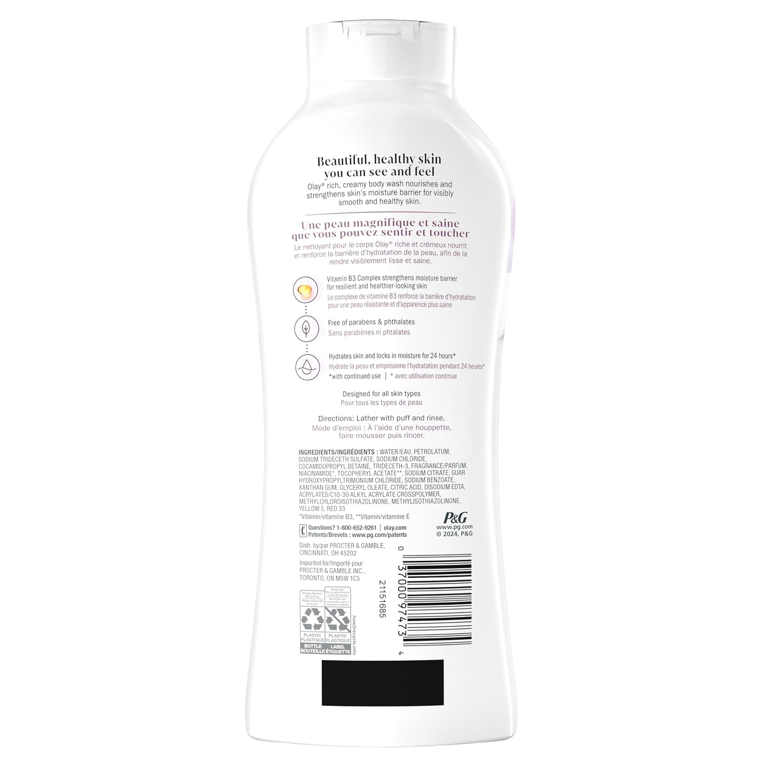 olay body wash for women, 24hr moisturizing, hydrating & refreshing, b3 vitamin complex, paraben-free, 22 fl oz, pack of 2