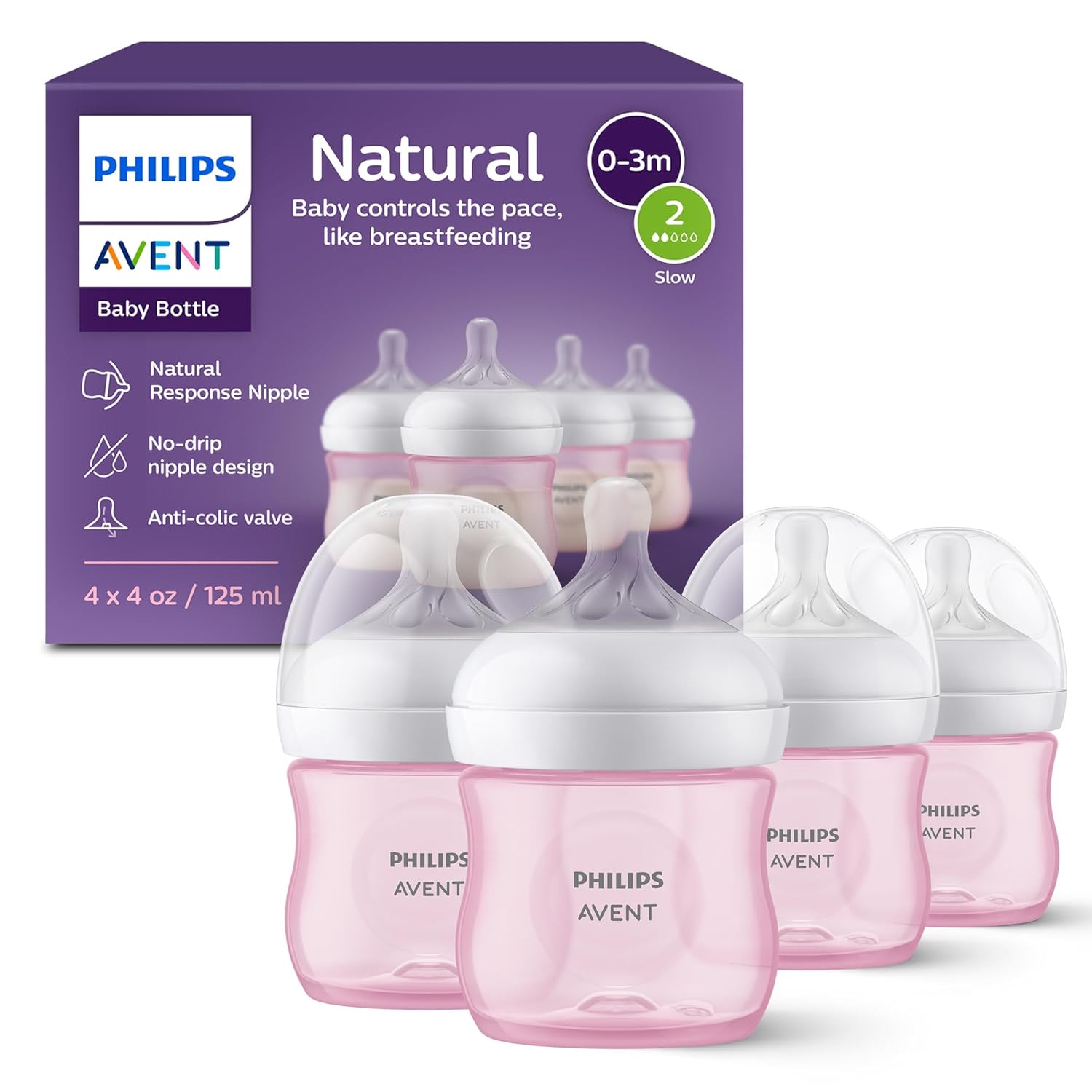 Philips Avent Natural Baby Bottles 4-Pack, Medium Flow, 9oz, SCY903/04, BPA-Free