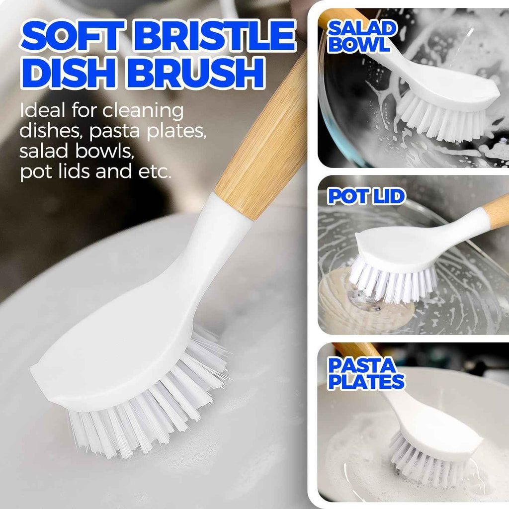 Holikme 3 Pack Dish Brush Set with Bamboo Handle, Kitchen Brushes for Cleaning Pot, Sink and Stove