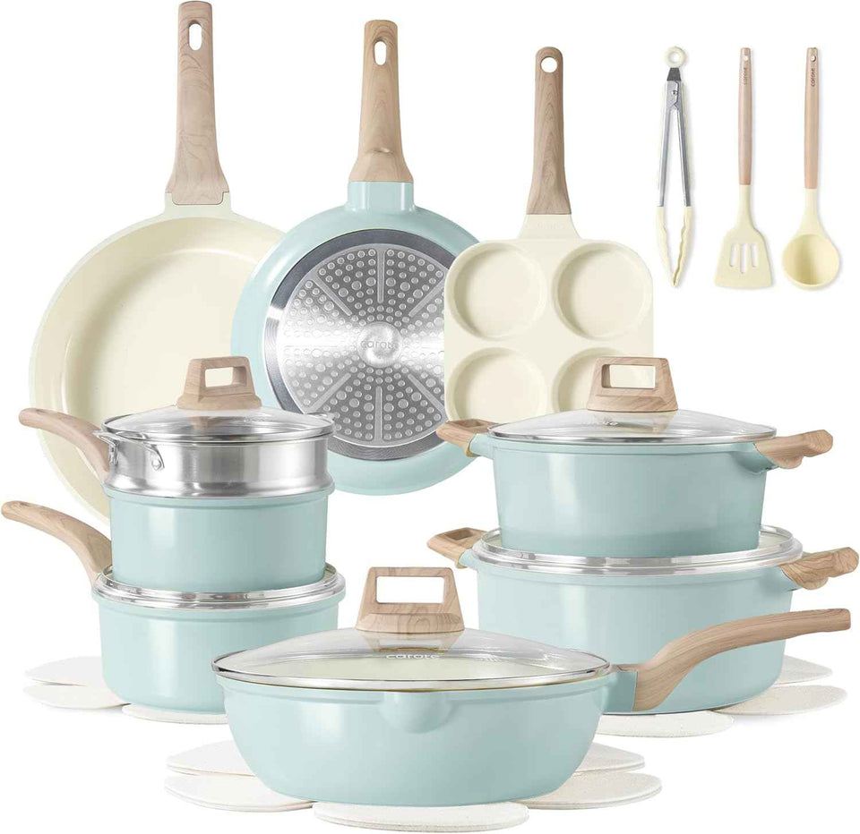 CAROTE 21Pcs Pots and Pans Set, Nonstick Cookware Sets, White Granite Induction Cookware Non Stick Cooking Set w/Frying Pans & Saucepans(PFOS, PFOA Free)