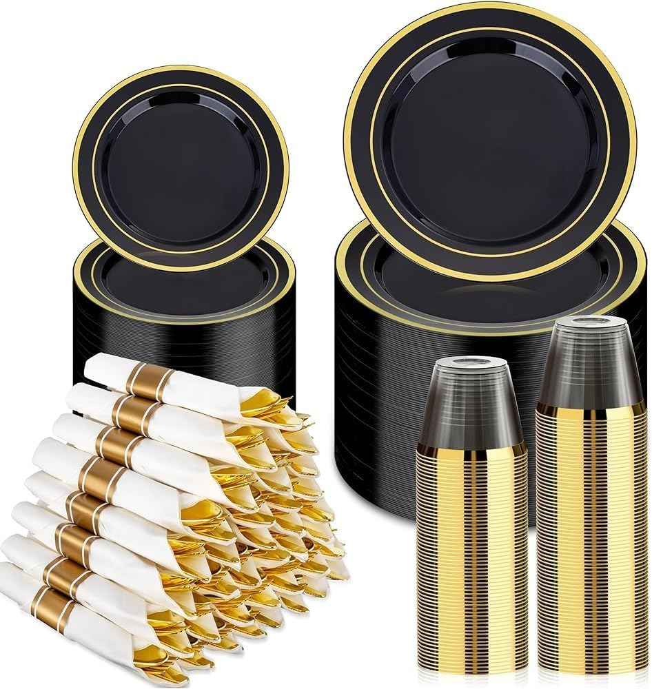 BESTVIP 700PCS Gold Plastic Dinnerware Set for 100 Guests, Disposable Plates for Party, Include: 200 Plastic Plates, 100 Pre Rolled Napkins with Gold Silverware, 100 Cups for Christmas, Halloween