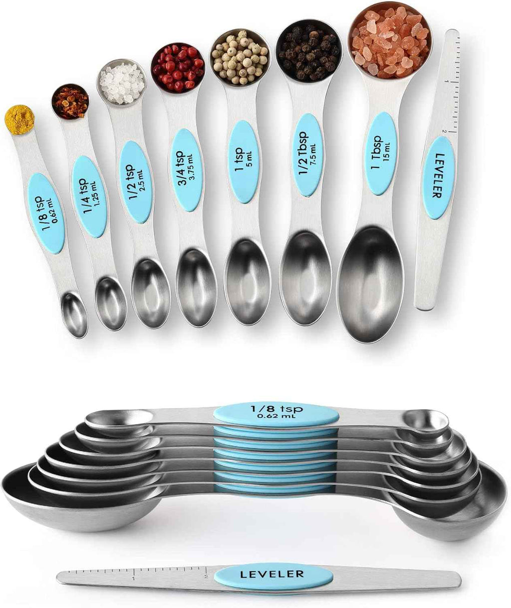 Spring Chef Stainless Steel Magnetic Measuring Spoons Set with Strong N45 Magnets, Heavy Duty Metal Kitchen Gadgets for Baking & Cooking, Fits in Most Kitchen Spice Jars, Set of 8 with Leveler, Black
