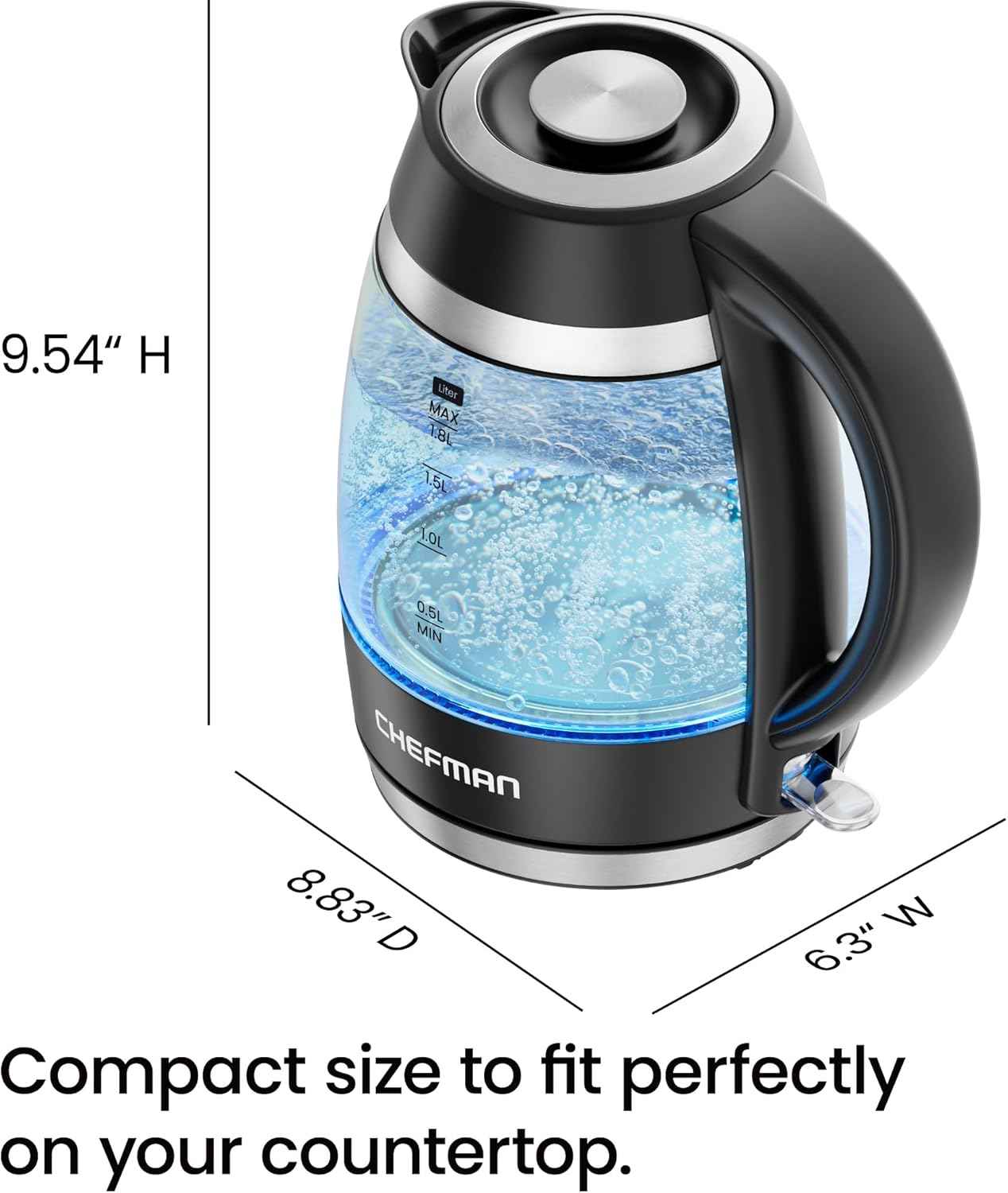 Chefman 1.8L 1500W Electric Kettle with Stainless Steel Filter and Borosilicate Glass