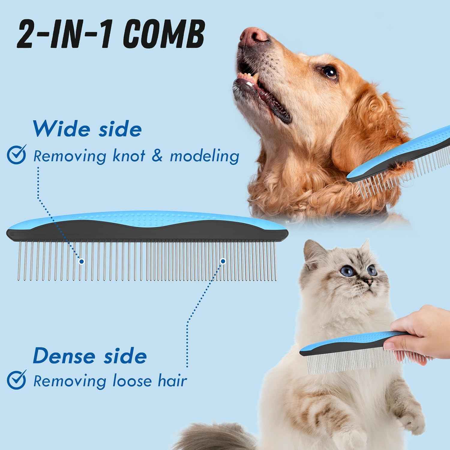 Blue Deshedding Brush and Metal Comb for Long Hair Cats and Dogs by Docrok