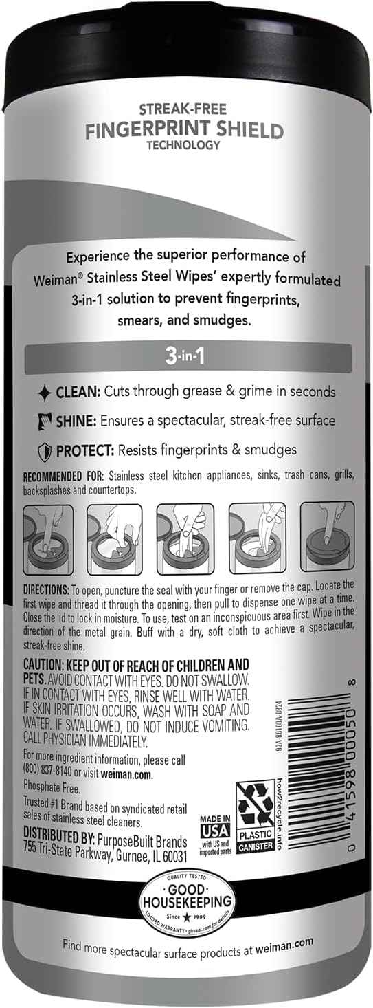Weiman Stainless Steel Cleaning Wipes, 30-Count, Removes Dirt, Grime, and Grease without Streaks or Residue