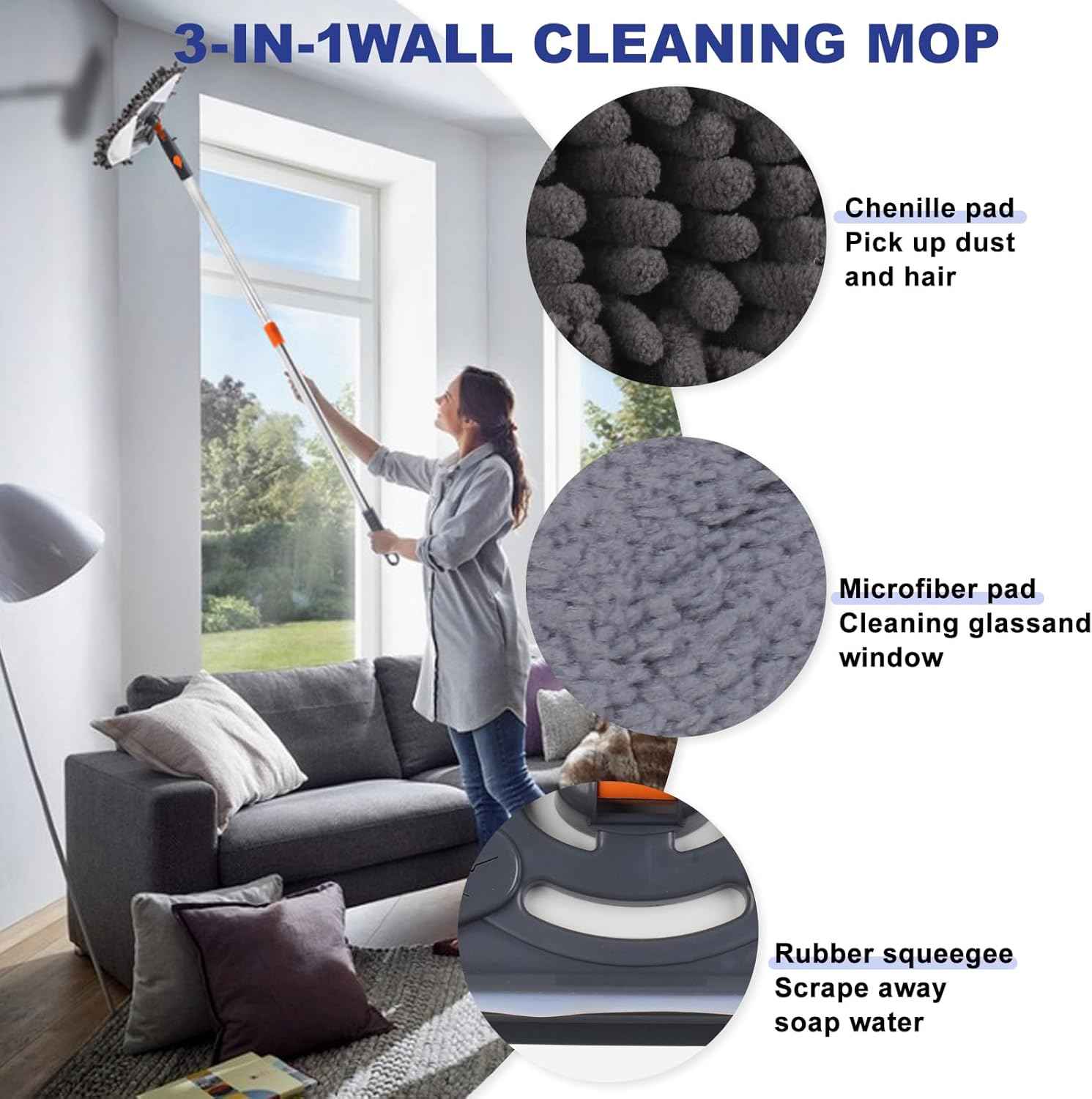 79 inches long handle wall cleaner mop with 360° wall washer for ceilings and dust baseboard floors