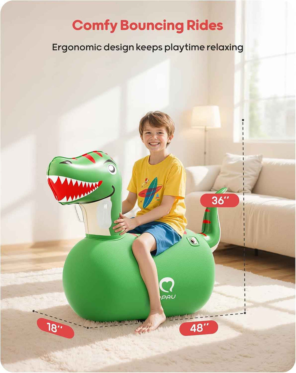 q pau inflatable bouncy dinosaur toys 2 pcs with hand pump, heavy duty giant bouncy pal, 220lbs load capacity, fun ride on bouncer for kids girls boys ages 5+