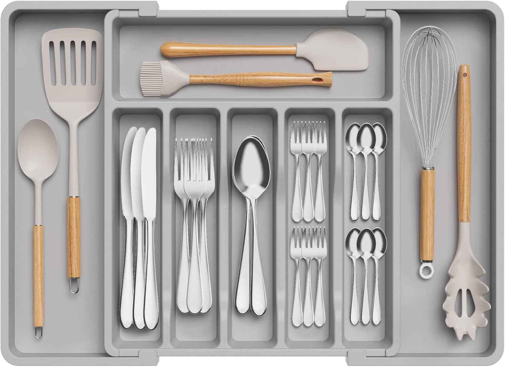 Lifewit Silverware Drawer Organizer, Expandable Utensil Tray for Kitchen, BPA Free Flatware and Cutlery Holder, Adjustable Plastic Storage for Spoons Forks Knives, 8.5-14 x 12", Black