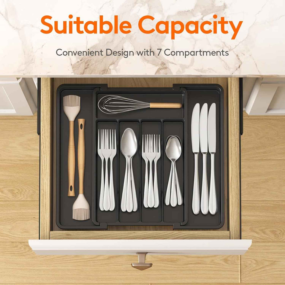 Lifewit Silverware Drawer Organizer, Expandable Utensil Tray for Kitchen, BPA Free Flatware and Cutlery Holder, Adjustable Plastic Storage for Spoons Forks Knives, 8.5-14 x 12", Black