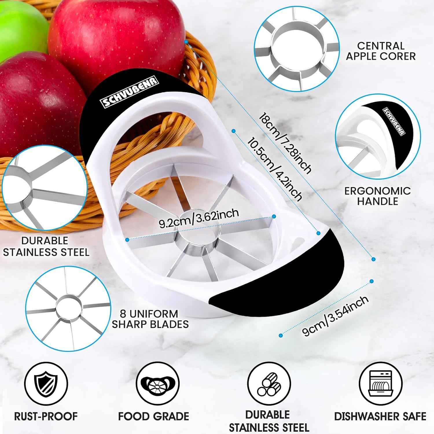 Professional Stainless Steel Apple Slicer with 8 Sharp Blades - Black - SCHVUBENR