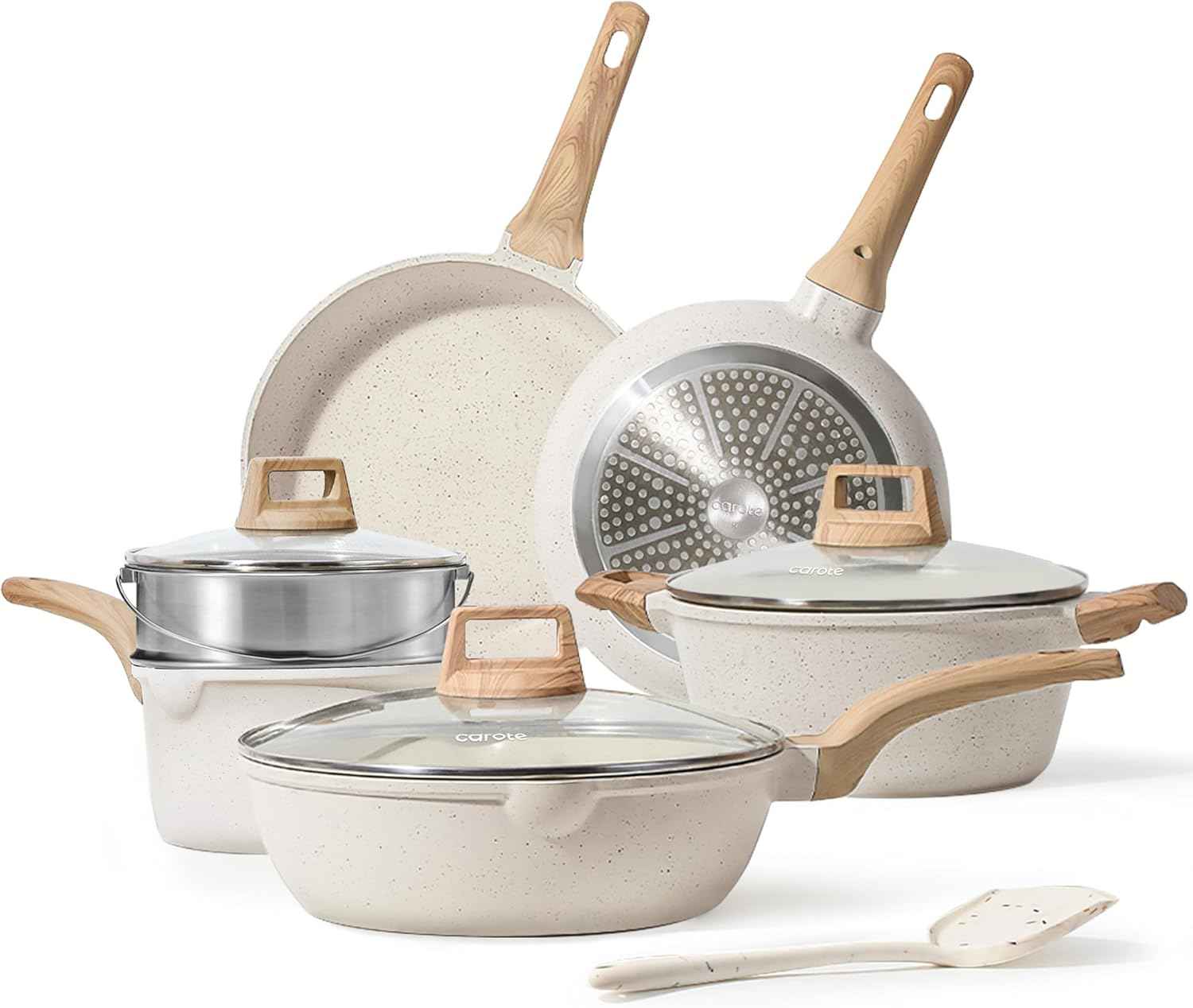CAROTE 21Pcs Pots and Pans Set, Nonstick Cookware Sets, White Granite Induction Cookware Non Stick Cooking Set w/Frying Pans & Saucepans(PFOS, PFOA Free)