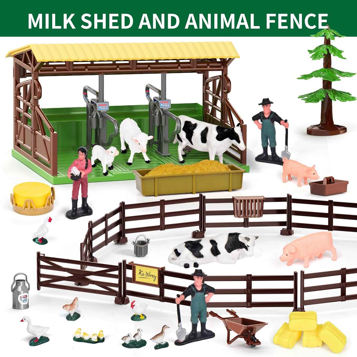 pupu pig kids farm animal toys set with tractor, horse stable, cowshed, chicken fence, lights & sound for boys toddlers ages 3+