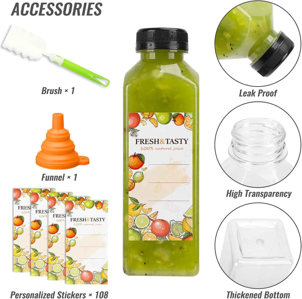 TOMNK 100pcs 16oz black plastic beverage containers with caps, funnel, and brush for juicing and smoothies