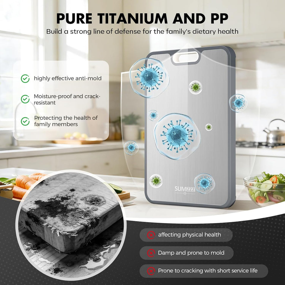 Sumzzz Titanium Cutting Board for Kitchen, Non Toxic 2-in-1 Cutting Board Double Sided Food Grade PLre Titanium, Knife Friendly Easy to Clean Large Size 15”×10.3”