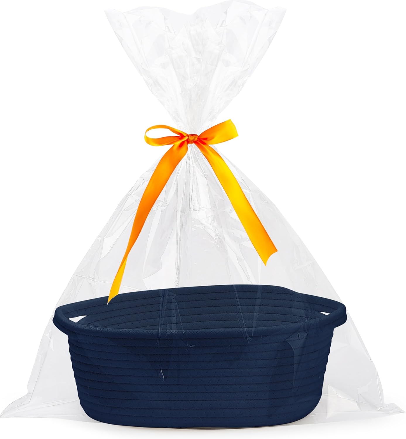 White small woven burr basket with gift bags and ribbons, 12" x 8" x 5", durable storage for gifts, baby toys, and living room essentials