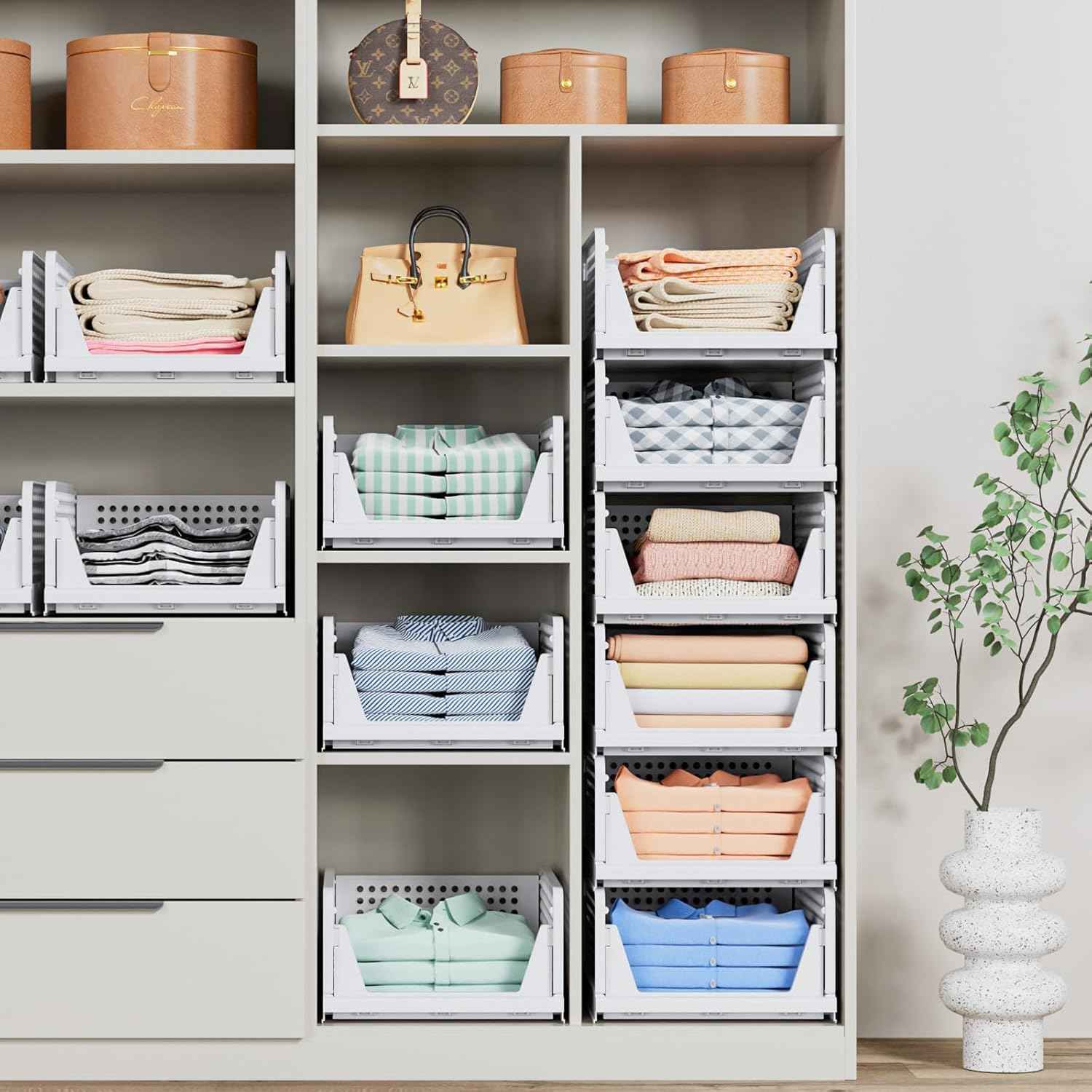 5 Pack Stackable Closet Storage Basket - Stackable Storage Bins, Multifunctional & Foldable Closet Organizer Waterproof, Wardrobe Cupboard Space-Saving Hat Storage Drawer Organizer, White