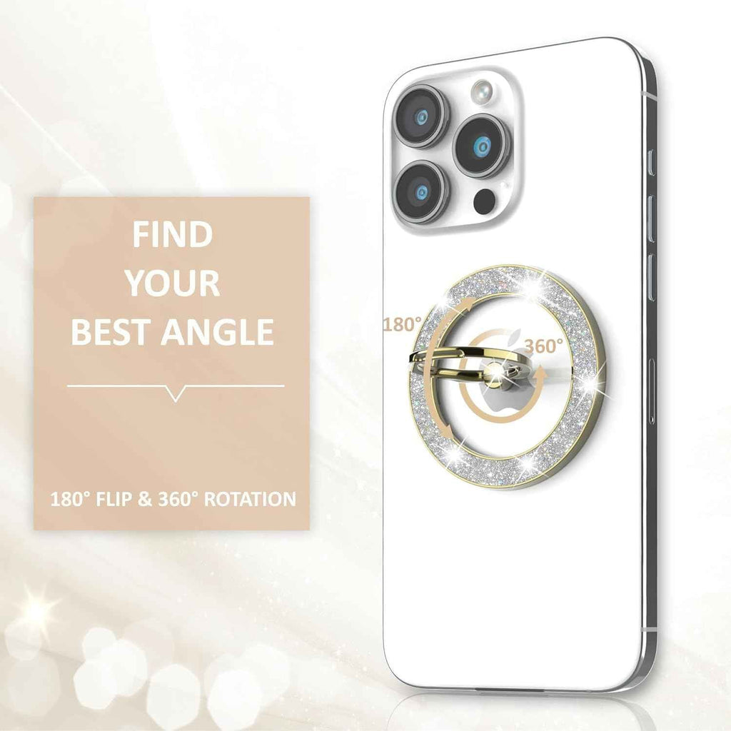 Magnetic Phone Ring Holder for MagSafe Cell Phone Grip Stand Finger Ring Stand Compatible with iPhone 17 16 15 14 13 12 Pro Max MagSafe Accessories Android. (Glitter Gold)
